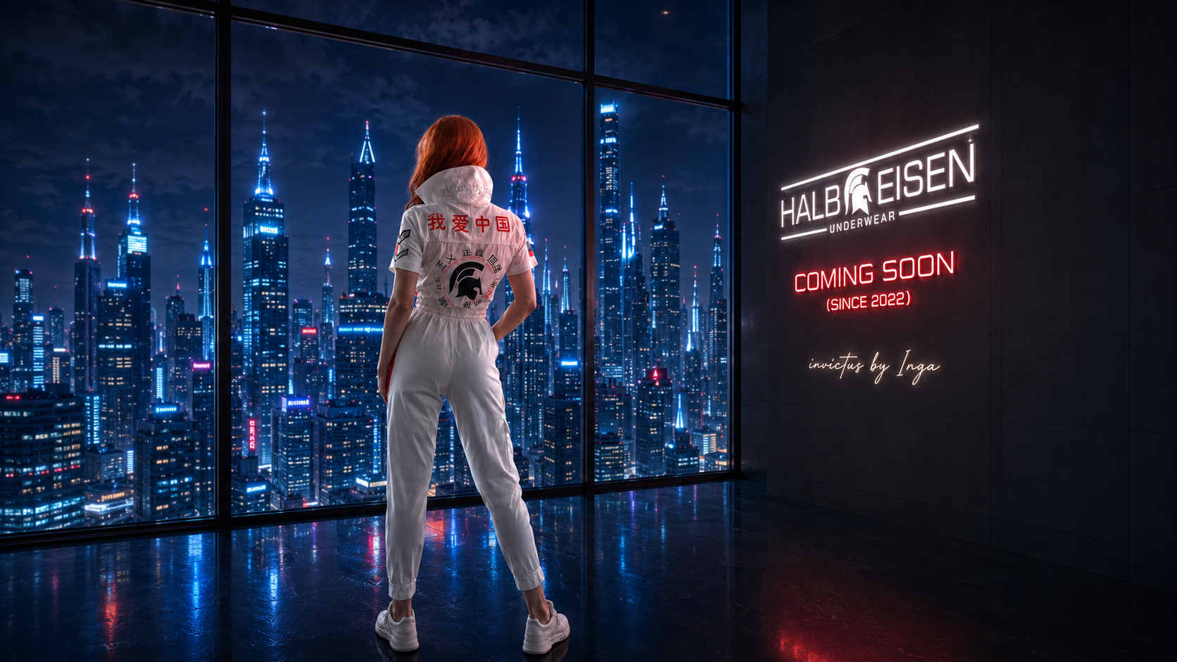 Halbeisen Underwear — figure before a night skyline with Coming Soon signage